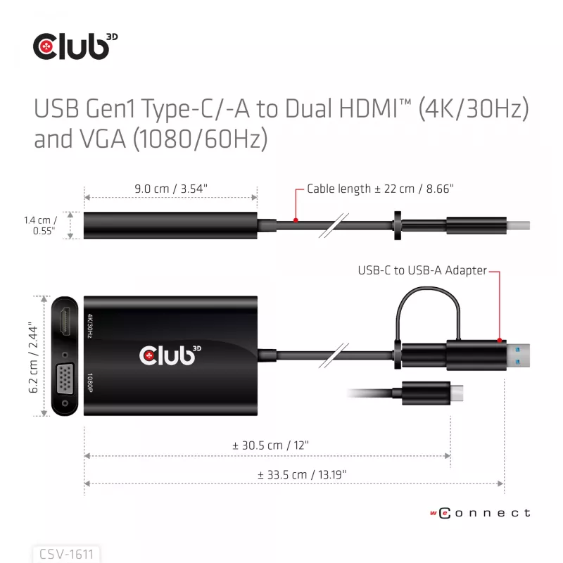 CLUB3D USB Gen1 Type-C/-A para Dual HDMI (4K/30Hz) / VGA (1080/60Hz)