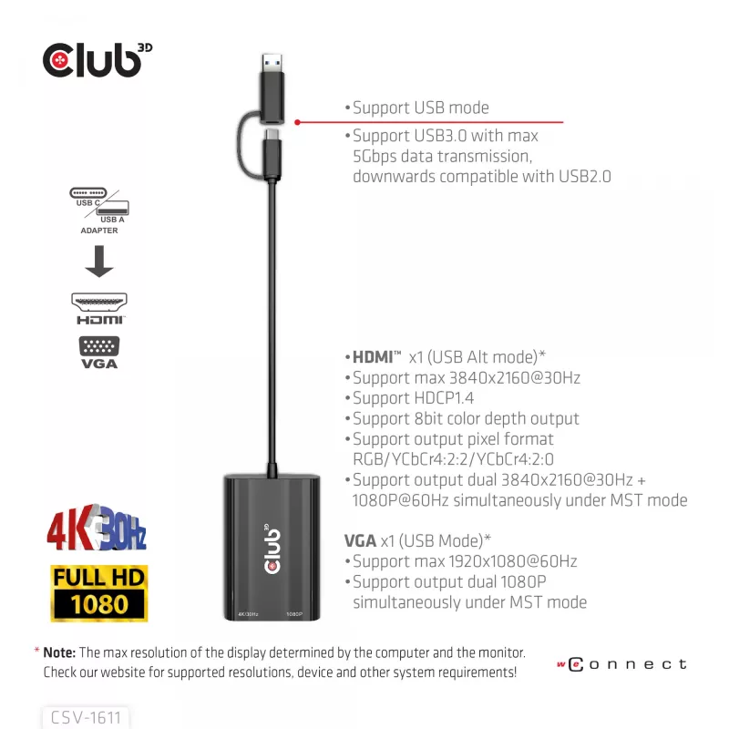 CLUB3D USB Gen1 Type-C/-A para Dual HDMI (4K/30Hz) / VGA (1080/60Hz)