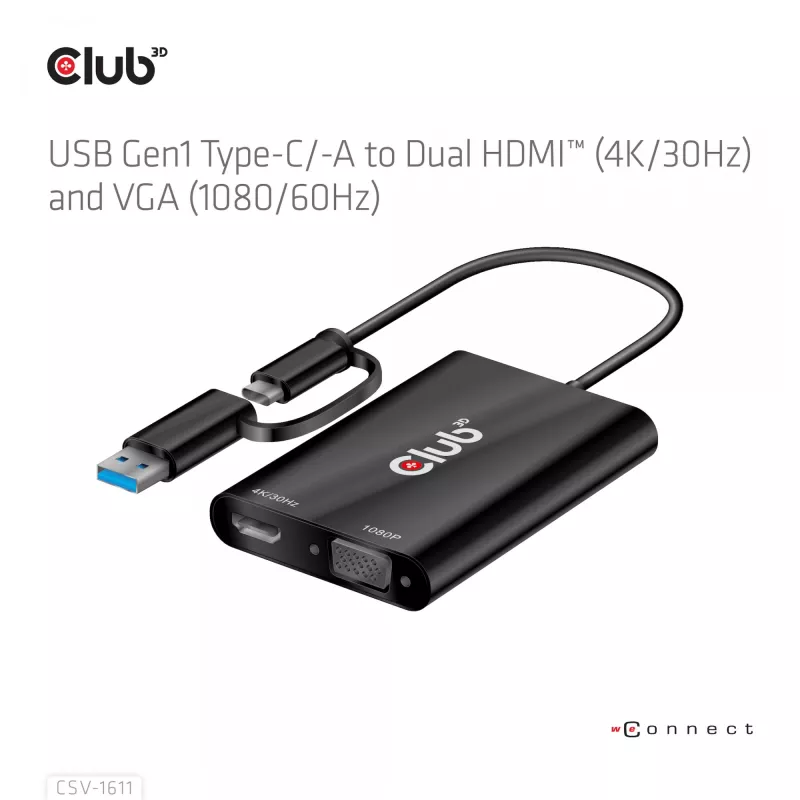 CLUB3D USB Gen1 Type-C/-A para Dual HDMI (4K/30Hz) / VGA (1080/60Hz)