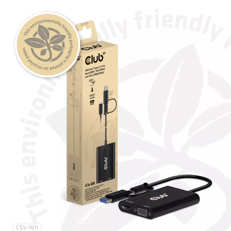 CLUB3D USB Gen1 Type-C/-A para Dual HDMI (4K/30Hz) / VGA (1080/60Hz)