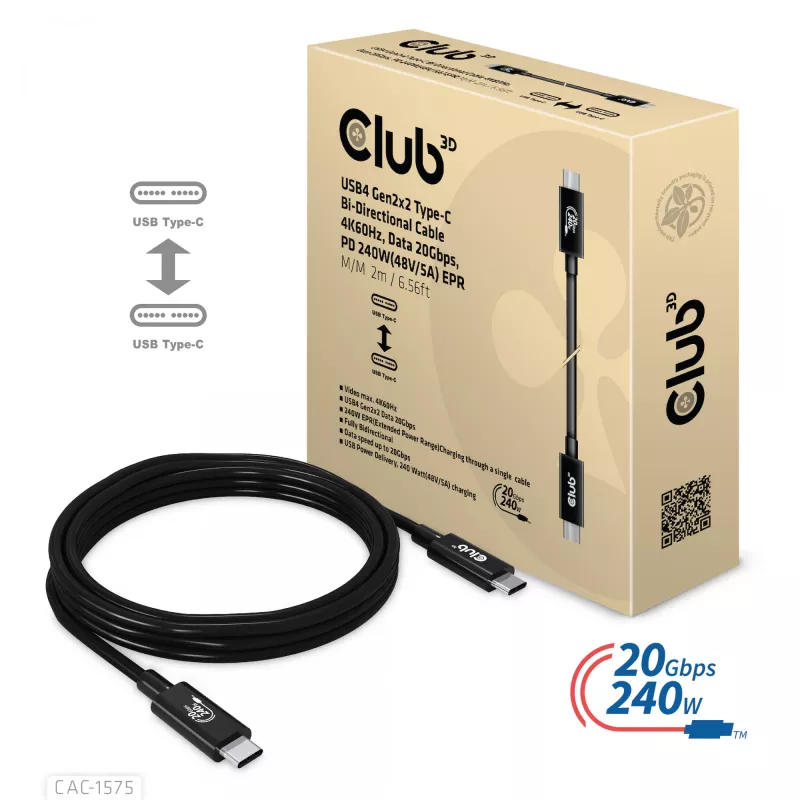 CLUB3D USB4 Gen2x2 Cabo bidirecional Type-C 4K60Hz, dados 20Gbps, PD 240W(48V/5A) EPR M/M 2m