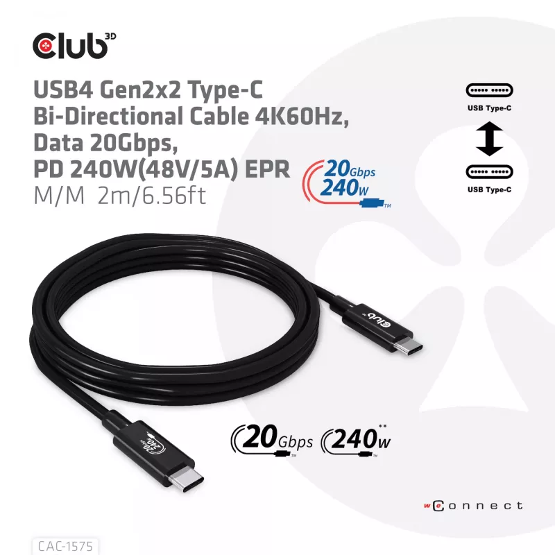 CLUB3D USB4 Gen2x2 Cabo bidirecional Type-C 4K60Hz, dados 20Gbps, PD 240W(48V/5A) EPR M/M 2m