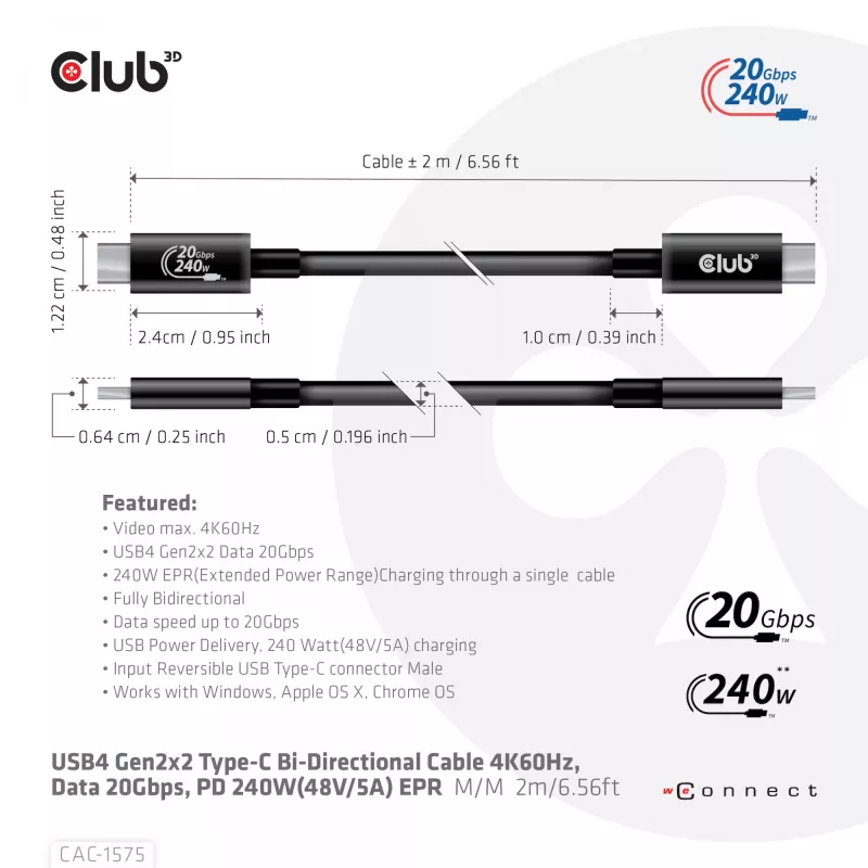 CLUB3D USB4 Gen2x2 Cabo bidirecional Type-C 4K60Hz, dados 20Gbps, PD 240W(48V/5A) EPR M/M 2m