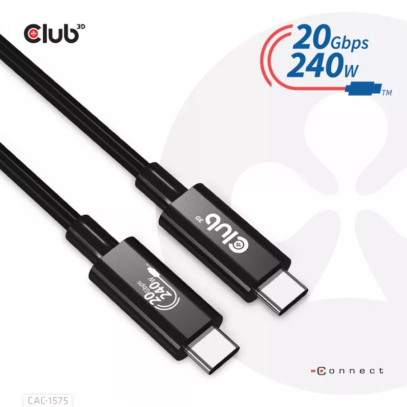 CLUB3D USB4 Gen2x2 Cabo bidirecional Type-C 4K60Hz, dados 20Gbps, PD 240W(48V/5A) EPR M/M 2m