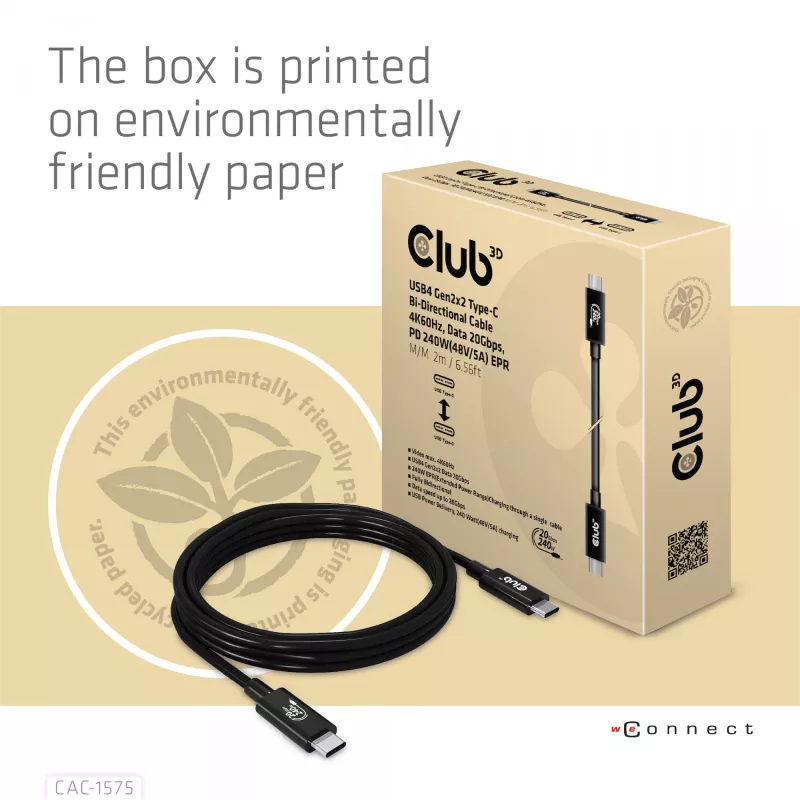 CLUB3D USB4 Gen2x2 Cabo bidirecional Type-C 4K60Hz, dados 20Gbps, PD 240W(48V/5A) EPR M/M 2m