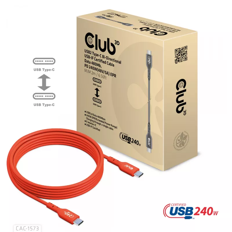 Cabo bidirecional USB-C para USB-C CLUB3D CAC-1573, USB4 Gen 2x2, 2 m, vermelho, PD até 240 W