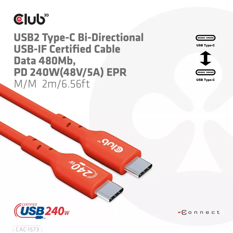 Cabo bidirecional USB-C para USB-C CLUB3D CAC-1573, USB4 Gen 2x2, 2 m, vermelho, PD até 240 W
