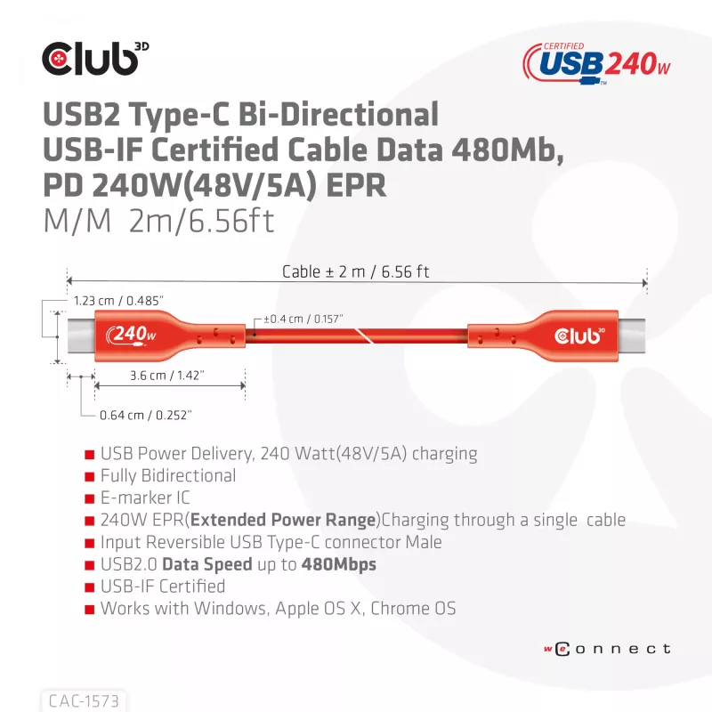 Cabo bidirecional USB-C para USB-C CLUB3D CAC-1573, USB4 Gen 2x2, 2 m, vermelho, PD até 240 W