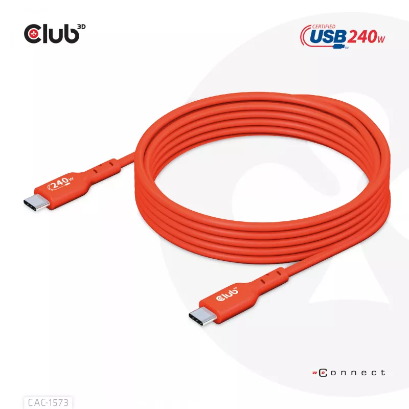 Cabo bidirecional USB-C para USB-C CLUB3D CAC-1573, USB4 Gen 2x2, 2 m, vermelho, PD até 240 W