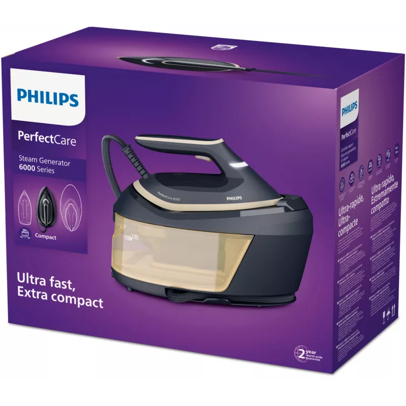 Philips PerfectCare 6000 Series PSG6066/20 ferro com gerador de vapor, 2400 W, 8 bar, jato de vapor de 600 g/min, depósito de 1,8 L, base SteamGlide Advanced, preto/castanho