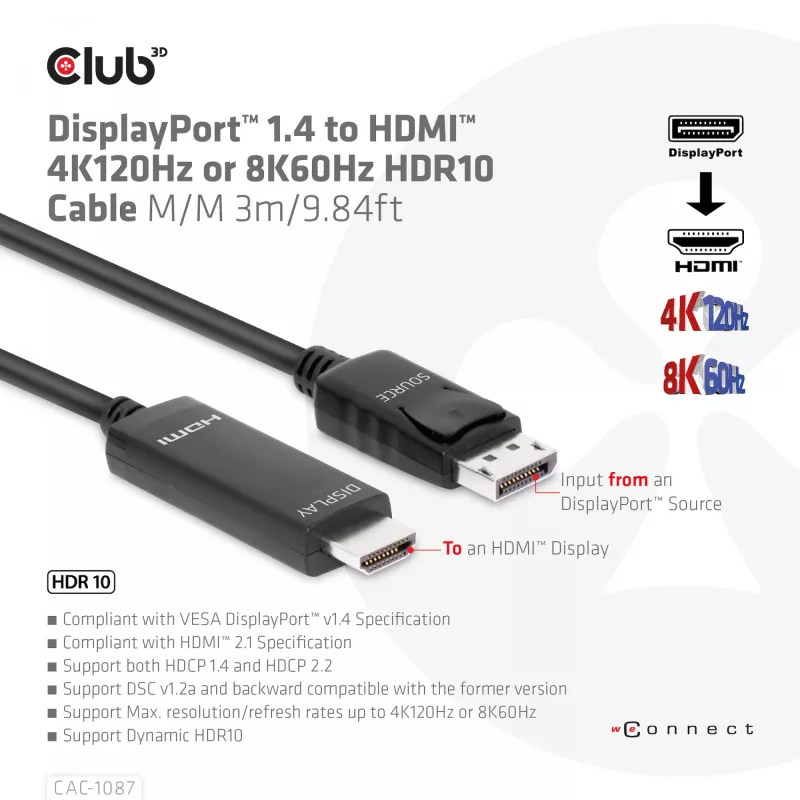 CLUB3D Cabo DisplayPort 1.4 para HDMI 4K120Hz ou 8K60Hz HDR10 M/M 3m/9,84ft