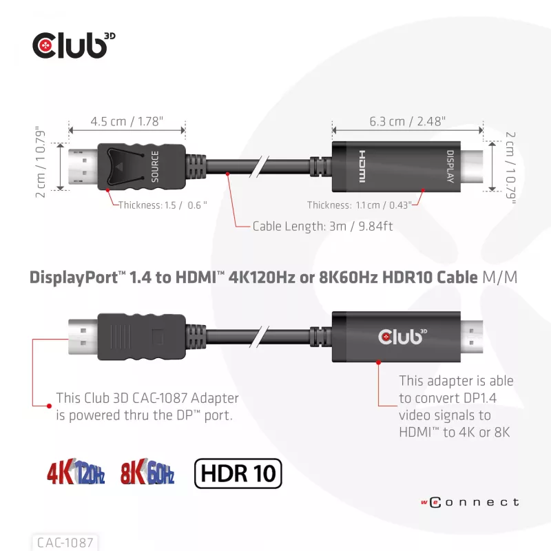 CLUB3D Cabo DisplayPort 1.4 para HDMI 4K120Hz ou 8K60Hz HDR10 M/M 3m/9,84ft