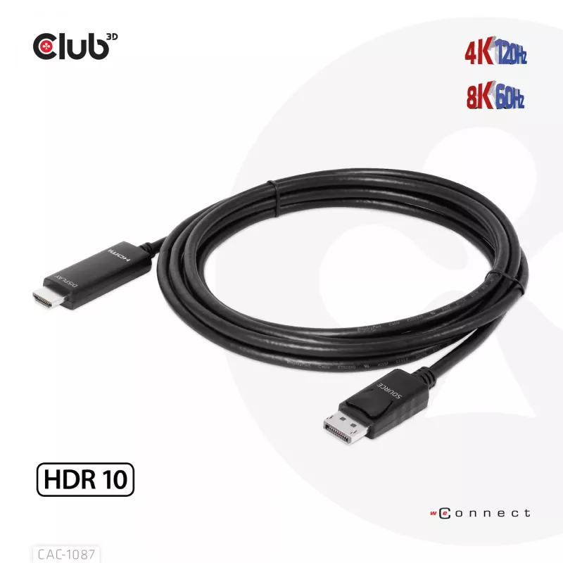 CLUB3D Cabo DisplayPort 1.4 para HDMI 4K120Hz ou 8K60Hz HDR10 M/M 3m/9,84ft