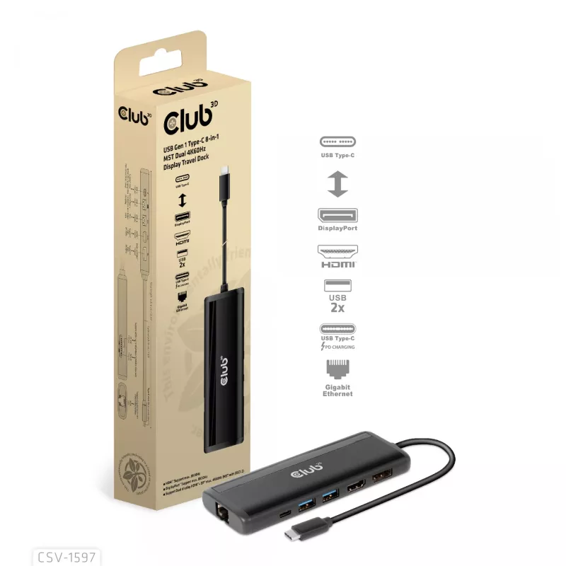 CLUB3D USB Gen 1 Type-C 8-em-1 MST Dual 4K60Hz Dock de viagem com ecrã