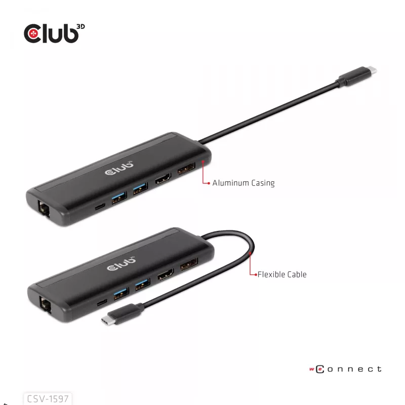 CLUB3D USB Gen 1 Type-C 8-em-1 MST Dual 4K60Hz Dock de viagem com ecrã