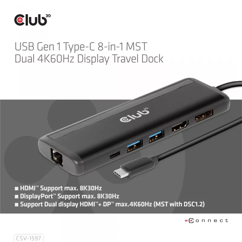 CLUB3D USB Gen 1 Type-C 8-em-1 MST Dual 4K60Hz Dock de viagem com ecrã
