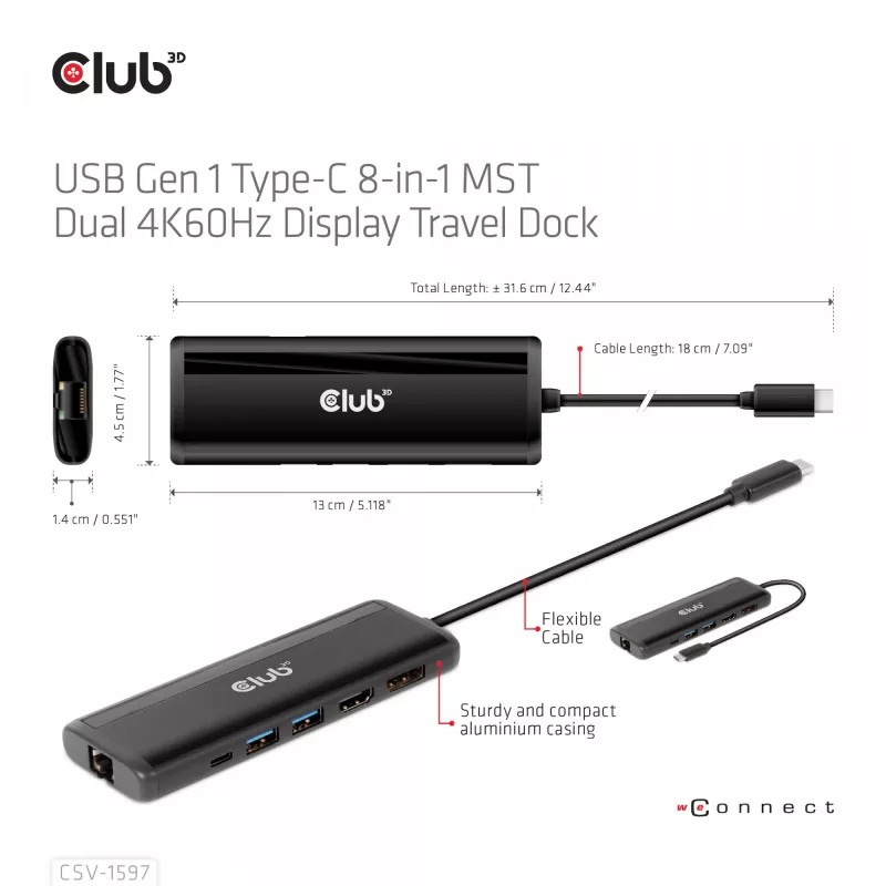 CLUB3D USB Gen 1 Type-C 8-em-1 MST Dual 4K60Hz Dock de viagem com ecrã