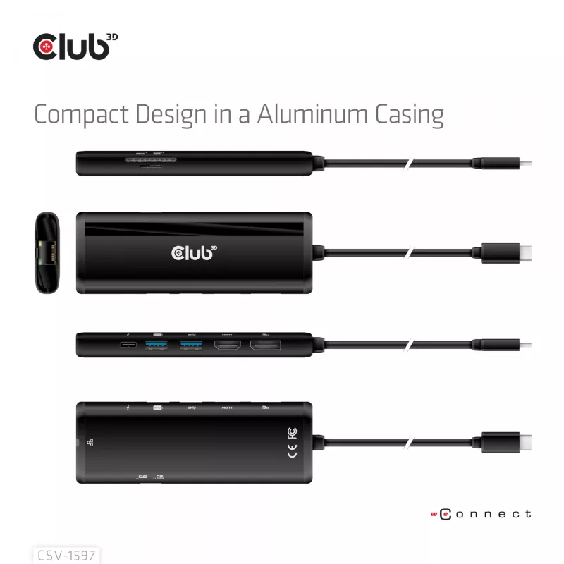 CLUB3D USB Gen 1 Type-C 8-em-1 MST Dual 4K60Hz Dock de viagem com ecrã