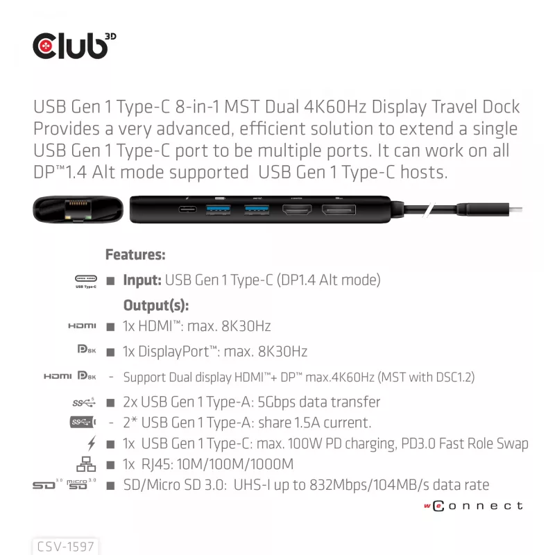 CLUB3D USB Gen 1 Type-C 8-em-1 MST Dual 4K60Hz Dock de viagem com ecrã