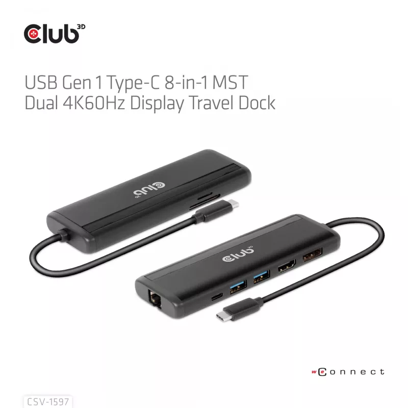 CLUB3D USB Gen 1 Type-C 8-em-1 MST Dual 4K60Hz Dock de viagem com ecrã