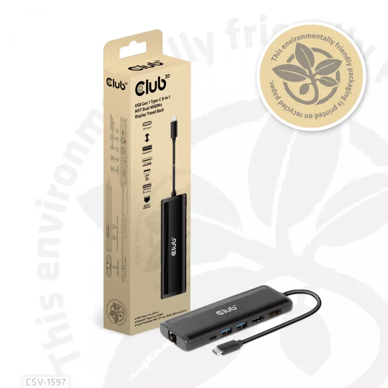 CLUB3D USB Gen 1 Type-C 8-em-1 MST Dual 4K60Hz Dock de viagem com ecrã
