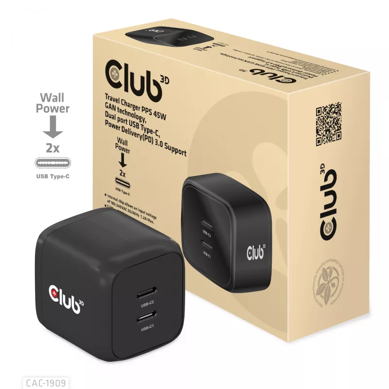 Carregador de viagem CLUB3D PPS 45W tecnologia GAN, porta dupla USB Type-C, suporte Power Delivery (PD) 3.0