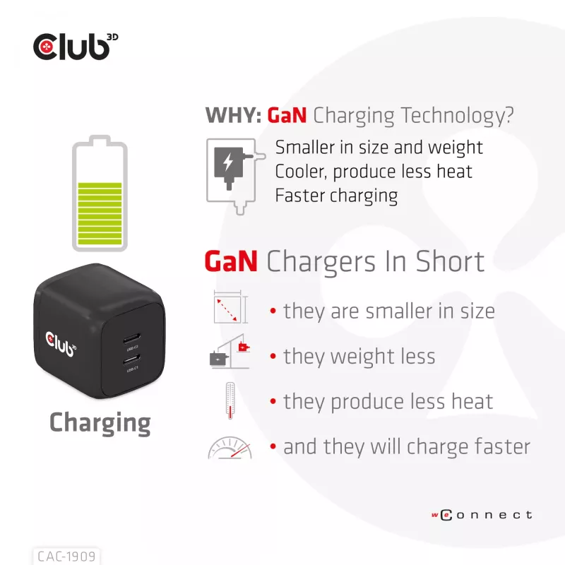 Carregador de viagem CLUB3D PPS 45W tecnologia GAN, porta dupla USB Type-C, suporte Power Delivery (PD) 3.0