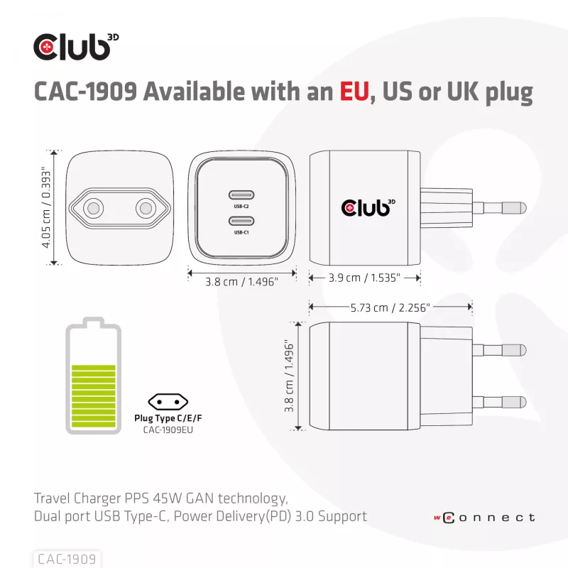 Carregador de viagem CLUB3D PPS 45W tecnologia GAN, porta dupla USB Type-C, suporte Power Delivery (PD) 3.0