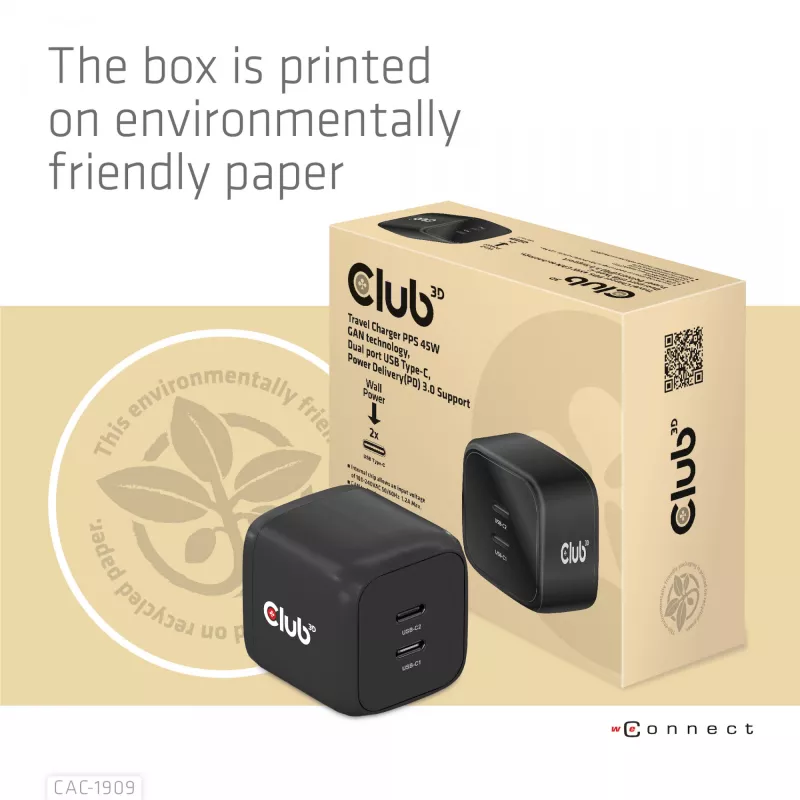 Carregador de viagem CLUB3D PPS 45W tecnologia GAN, porta dupla USB Type-C, suporte Power Delivery (PD) 3.0