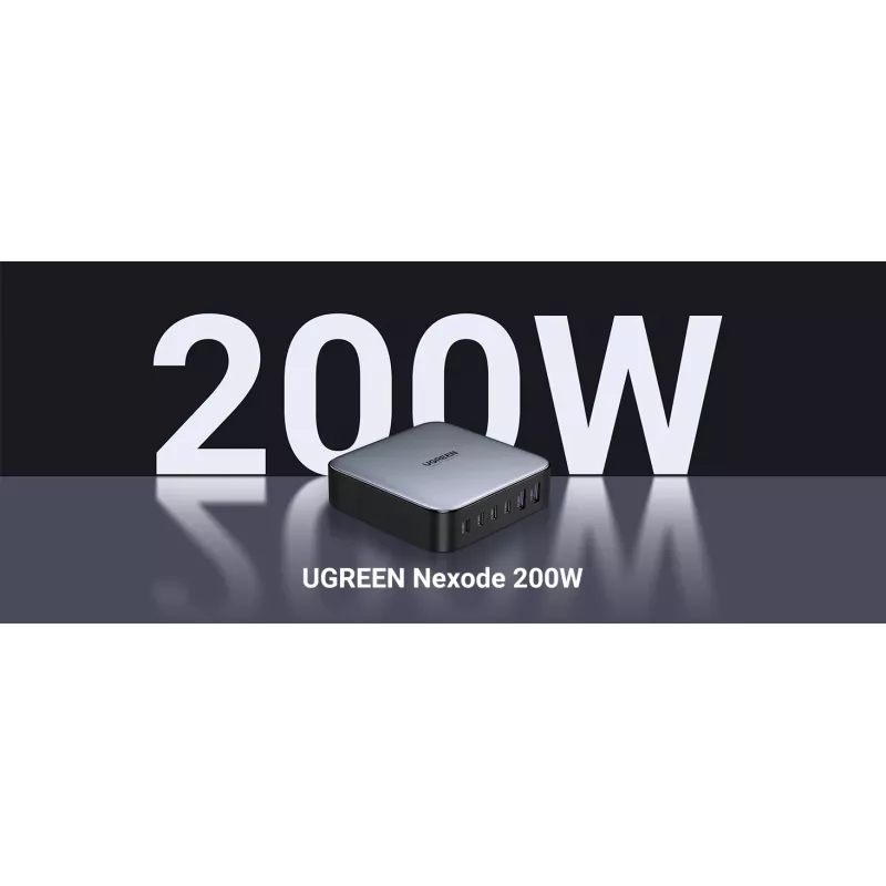 Ugreen 40914 Nexode carregador de secretária USB-C USB-A GaN 200W, para interior, AC, 21 V, 5 A, 2 m, preto, cinzento