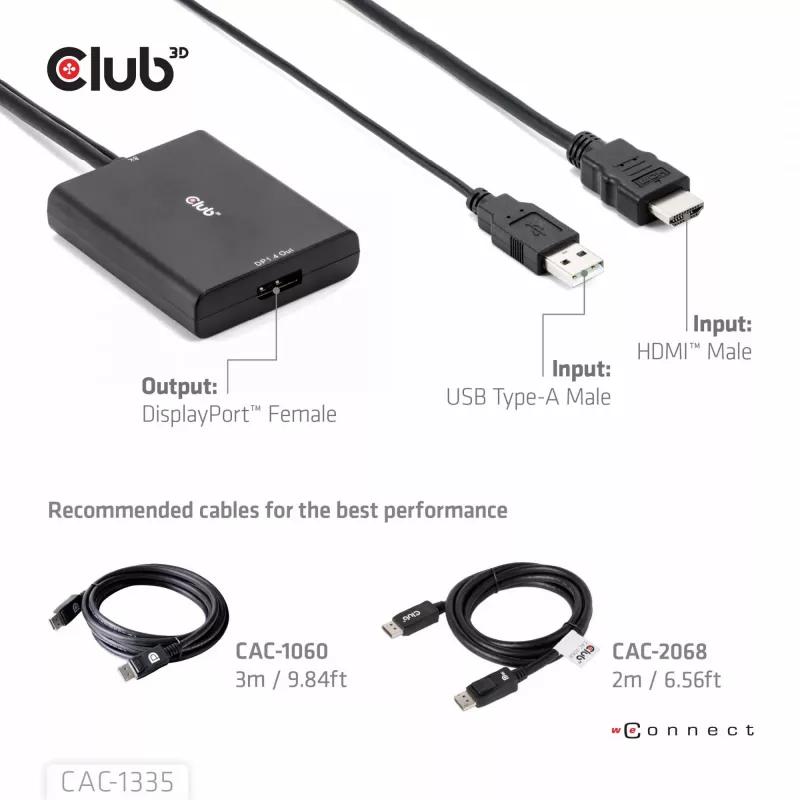 CLUB3D adaptador ativo HDMI + Micro USB para DisplayPort™ 4K120Hz ou 8K30Hz M/F