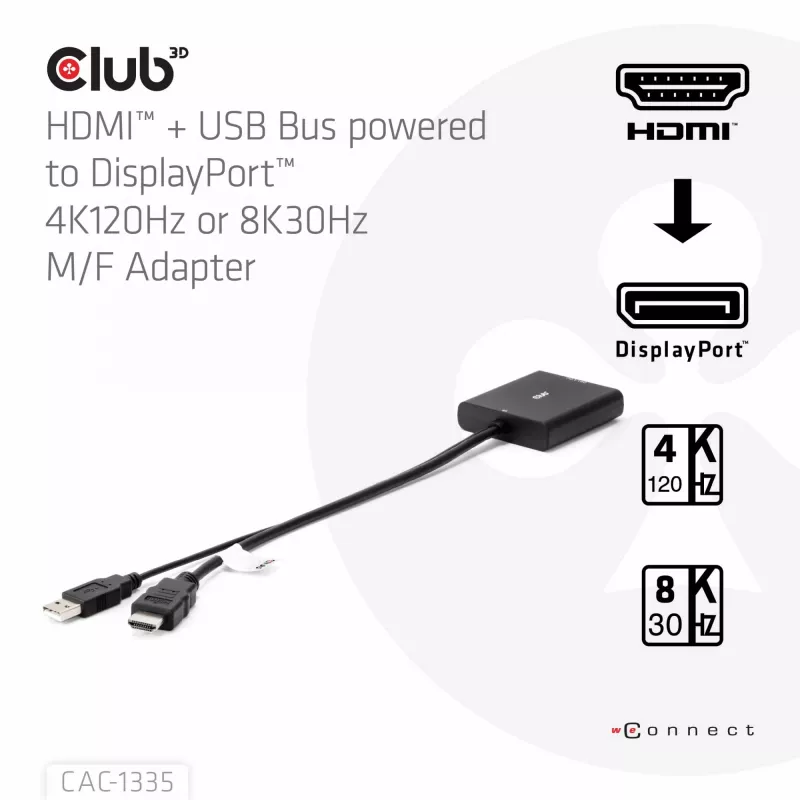 CLUB3D adaptador ativo HDMI + Micro USB para DisplayPort™ 4K120Hz ou 8K30Hz M/F