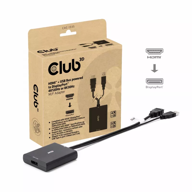 CLUB3D adaptador ativo HDMI + Micro USB para DisplayPort™ 4K120Hz ou 8K30Hz M/F