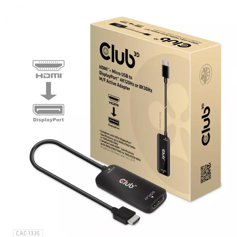 CLUB3D adaptador ativo HDMI + Micro USB para DisplayPort™ 4K120Hz ou 8K30Hz M/F