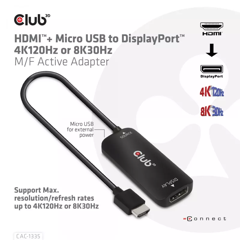 CLUB3D adaptador ativo HDMI + Micro USB para DisplayPort™ 4K120Hz ou 8K30Hz M/F
