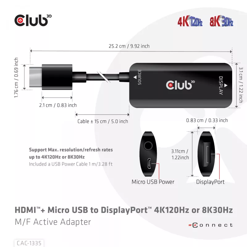 CLUB3D adaptador ativo HDMI + Micro USB para DisplayPort™ 4K120Hz ou 8K30Hz M/F