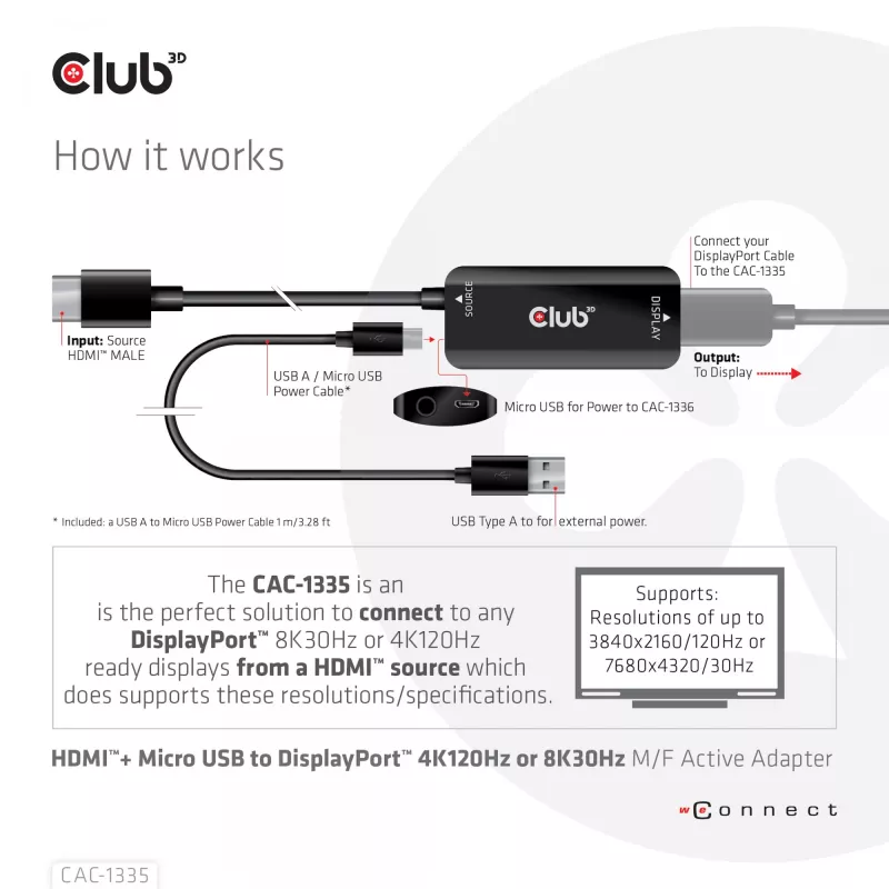 CLUB3D adaptador ativo HDMI + Micro USB para DisplayPort™ 4K120Hz ou 8K30Hz M/F