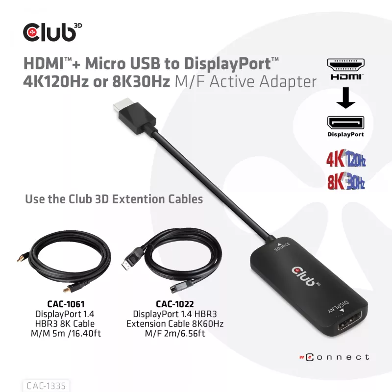 CLUB3D adaptador ativo HDMI + Micro USB para DisplayPort™ 4K120Hz ou 8K30Hz M/F