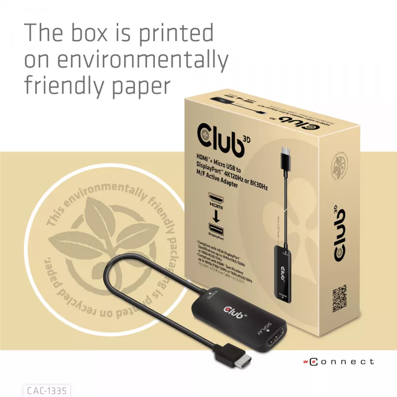 CLUB3D adaptador ativo HDMI + Micro USB para DisplayPort™ 4K120Hz ou 8K30Hz M/F