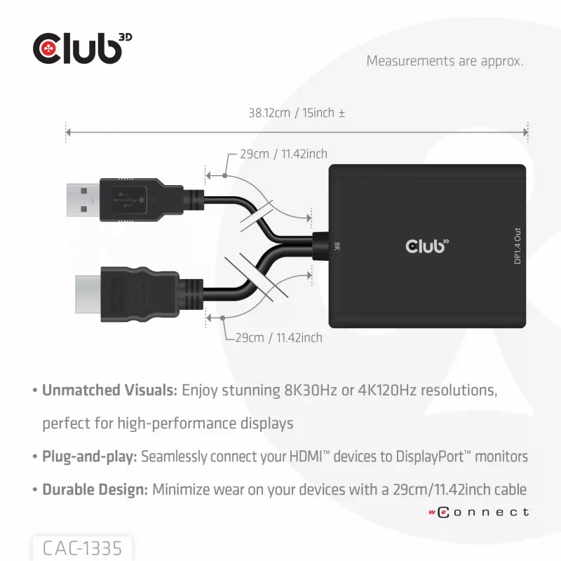 CLUB3D adaptador ativo HDMI + Micro USB para DisplayPort™ 4K120Hz ou 8K30Hz M/F