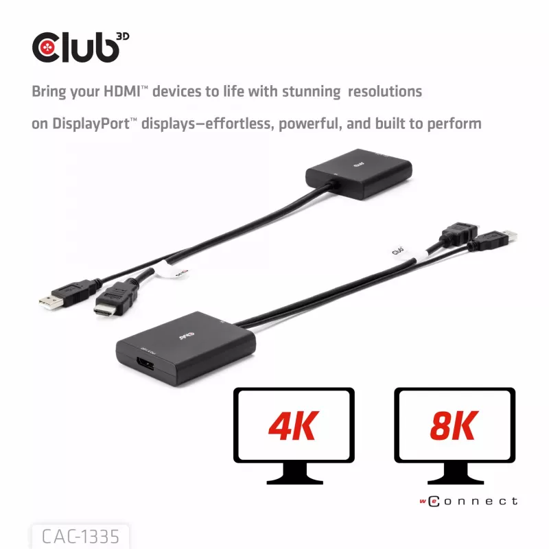 CLUB3D adaptador ativo HDMI + Micro USB para DisplayPort™ 4K120Hz ou 8K30Hz M/F