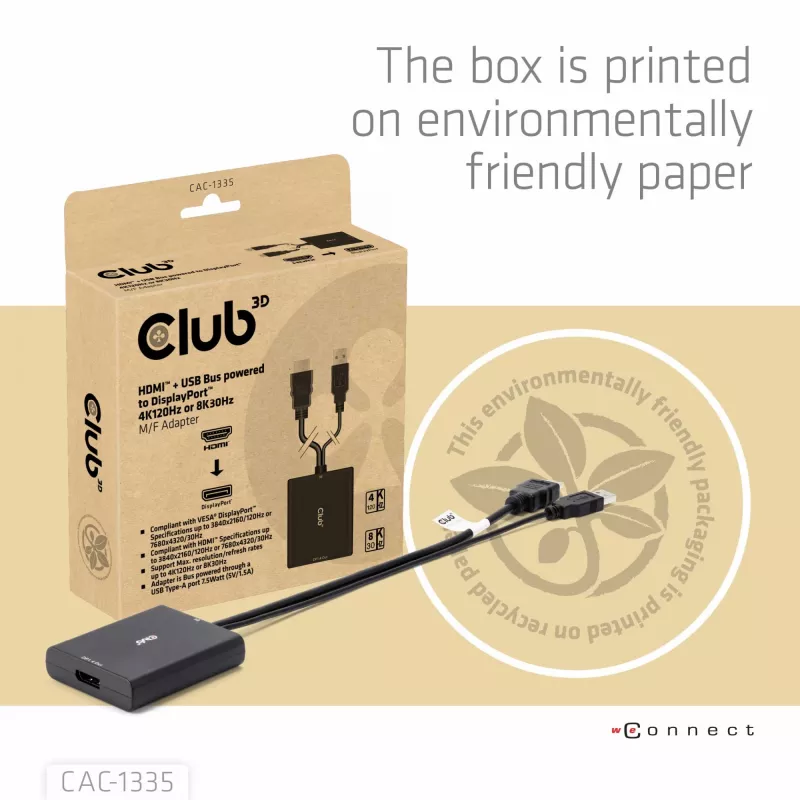 CLUB3D adaptador ativo HDMI + Micro USB para DisplayPort™ 4K120Hz ou 8K30Hz M/F