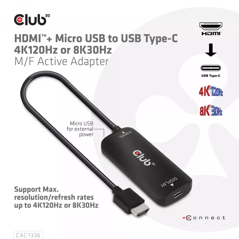 CLUB3D adaptador ativo HDMI + Micro USB para USB Type-C 4K120Hz ou 8K30Hz M/F