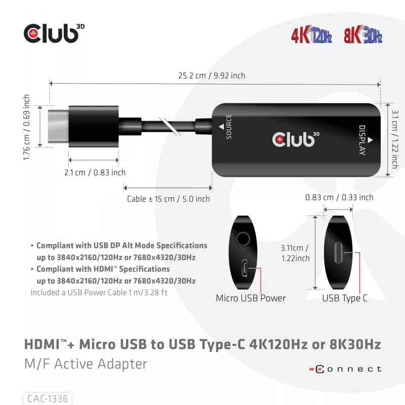 CLUB3D adaptador ativo HDMI + Micro USB para USB Type-C 4K120Hz ou 8K30Hz M/F
