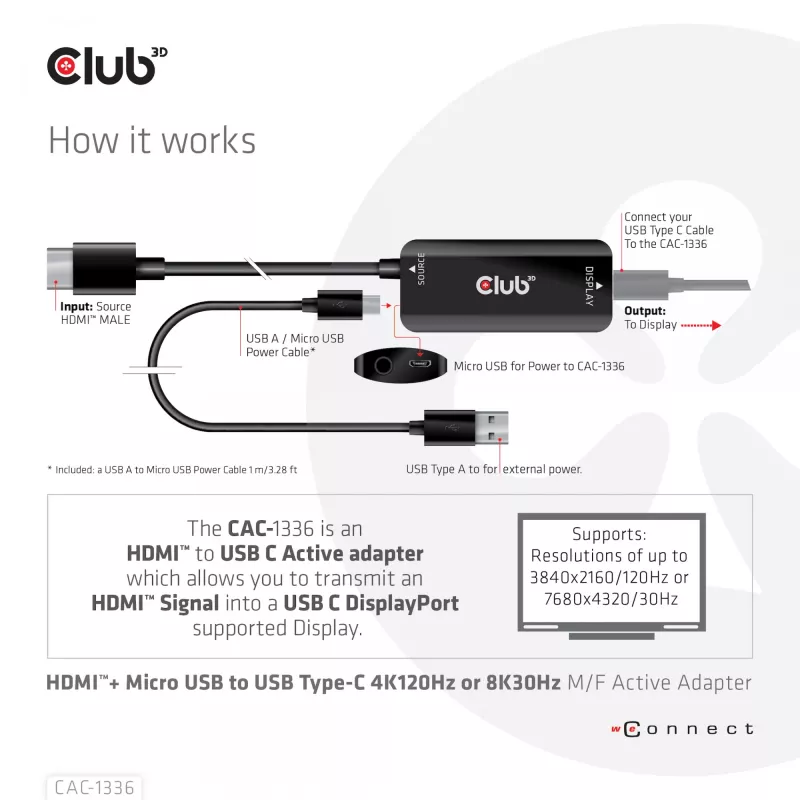 CLUB3D adaptador ativo HDMI + Micro USB para USB Type-C 4K120Hz ou 8K30Hz M/F
