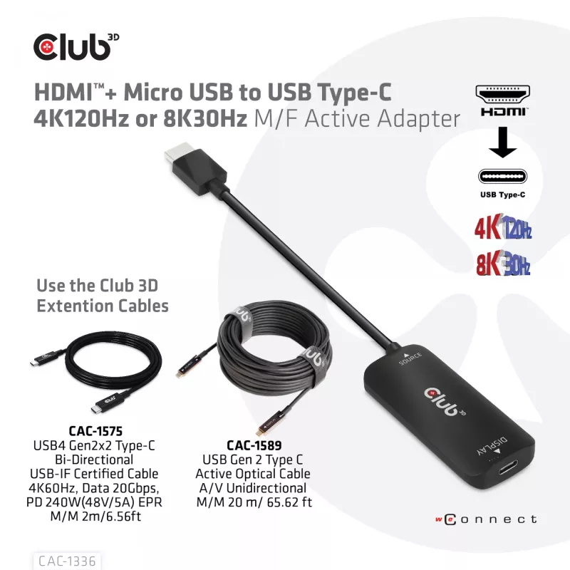 CLUB3D adaptador ativo HDMI + Micro USB para USB Type-C 4K120Hz ou 8K30Hz M/F