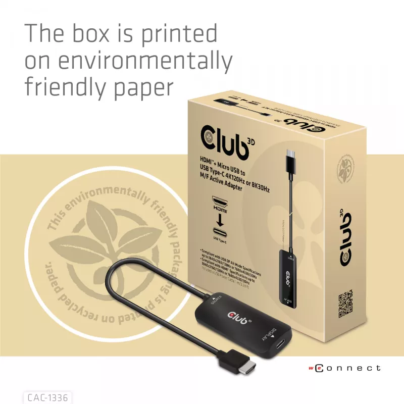 CLUB3D adaptador ativo HDMI + Micro USB para USB Type-C 4K120Hz ou 8K30Hz M/F