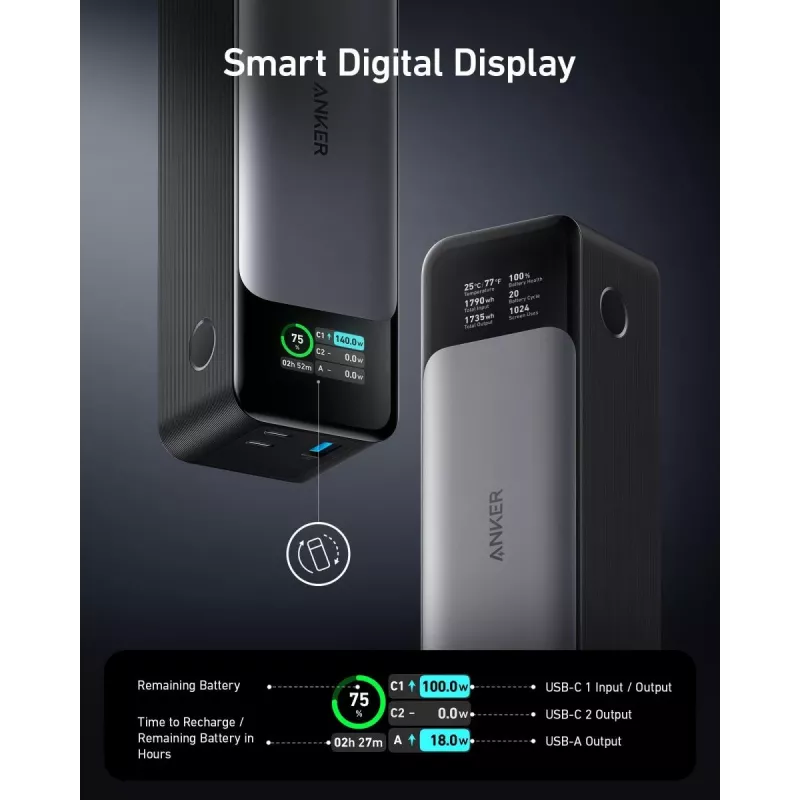 Carregador portátil Anker 737 (A1289011) – 24000 mAh, 140 W, 2× USB-C + 1× USB-A, prateado/preto