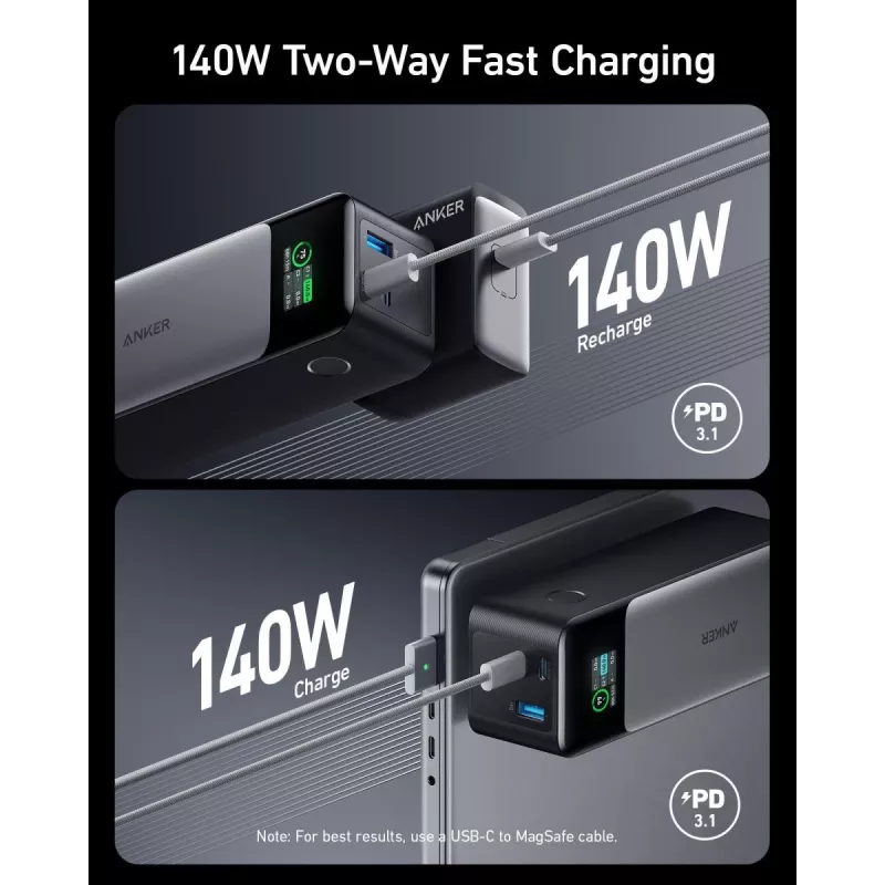 Carregador portátil Anker 737 (A1289011) – 24000 mAh, 140 W, 2× USB-C + 1× USB-A, prateado/preto