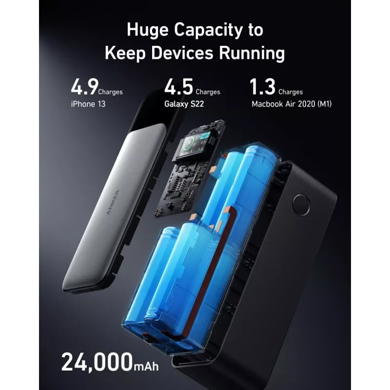 Carregador portátil Anker 737 (A1289011) – 24000 mAh, 140 W, 2× USB-C + 1× USB-A, prateado/preto